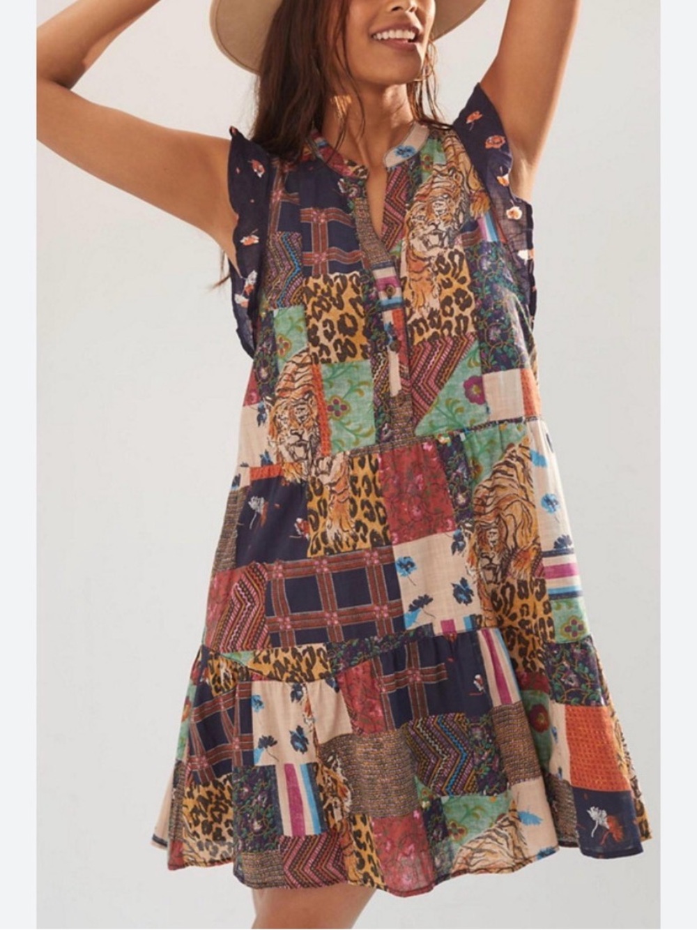 Pilcro Patchwork Tiger Leopard Tiered Mini Babydoll Dress XSmall XS